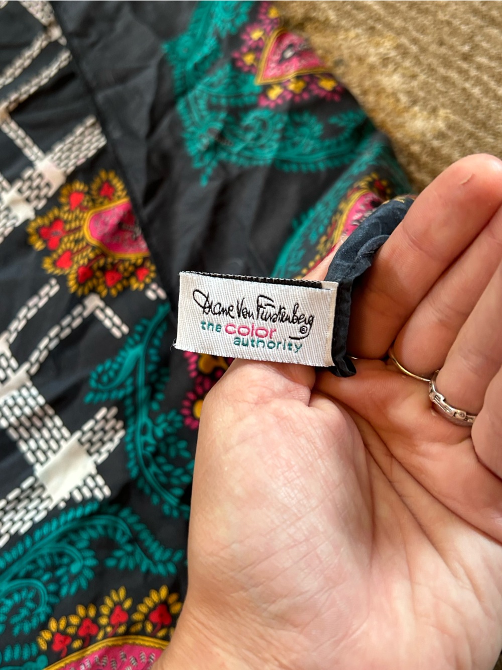 Diane Von Furstenberg Navy Scarf with Pink and Teal Floral Medallions - Picture 5 of 8